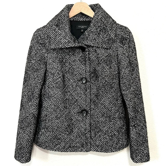 Talbots Wool Tweed Black Glen Plaid Blazer Jacket Size 4 Petite - Picture 1 of 12